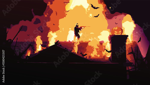 Silhouette of a shooter on a burning building with bats and a pumpkin in a halloween night scene