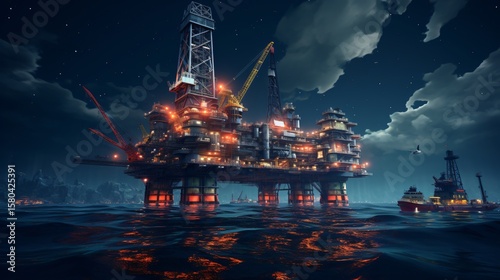 Offshore oil platform, Jack Up Rig at sea in the night
