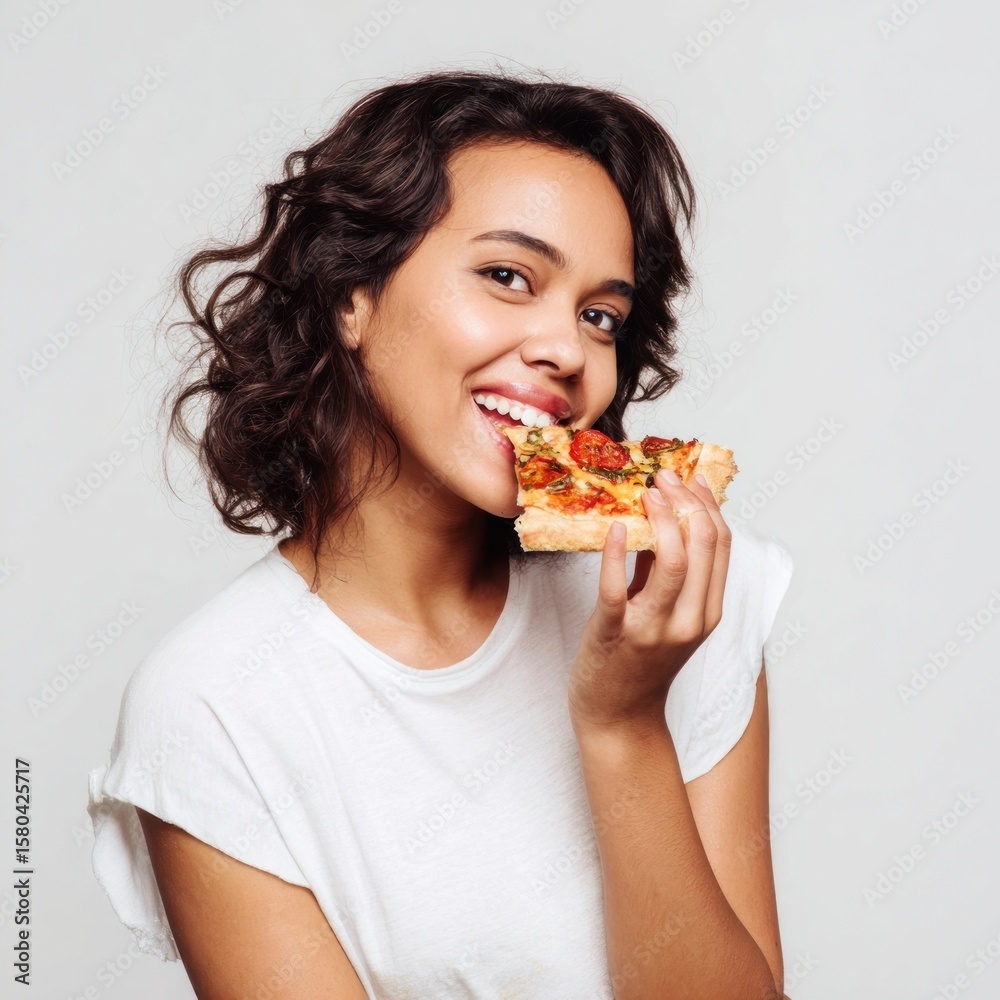 Happy latin woman pizza eating white. Happy latin woman pizza eating white.
