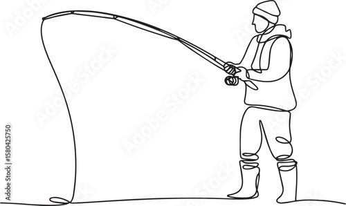 Continuous one line drawing of man fishing in lake with casting hook in minimalist outline vector style

