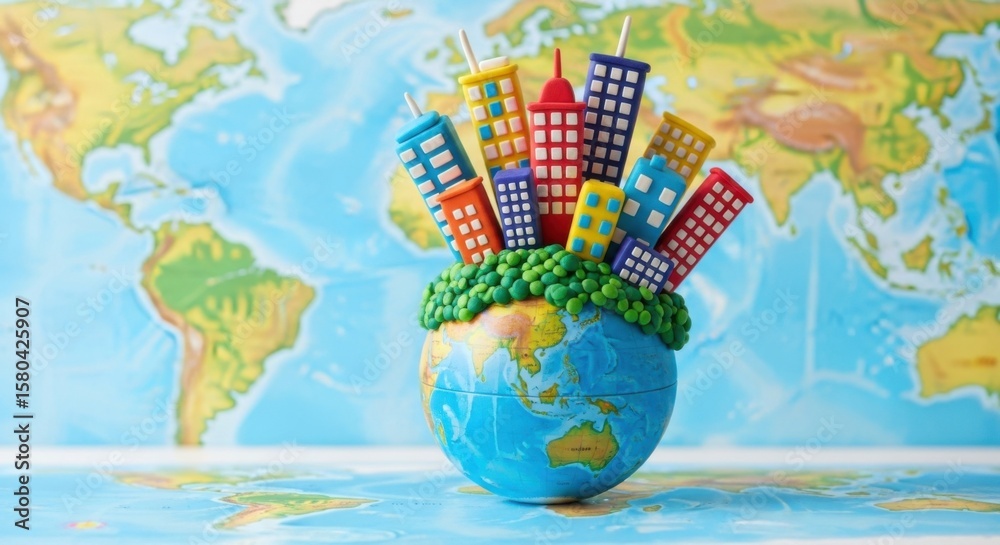 Naklejka premium Colorful City Buildings Model on Globe with World Map Background