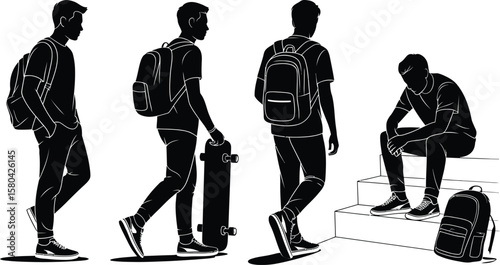 Teenager silhouette vector set of boys with backpack in walking, skateboarding, and sitting on steps poses
