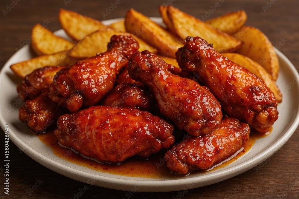 Sweet and spicy chicken wings served with crispy potato wedges Sweet and spicy chicken wings served with crispy potato wedges