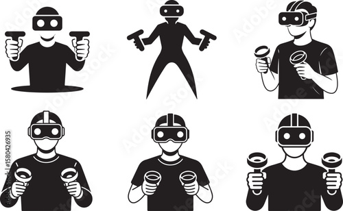 VR User Pose Vector Template Set. Minimal Headset & Controller Silhouette