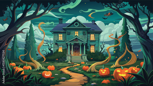 A spooky house with pumpkins in the front yard under a cloudy night sky and bare trees around it