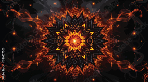 Abstract starburst mandala illustration with fire and flame elements on dark background.