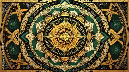 Intricate gold and emerald green geometric mandala art decorative circular ornament.