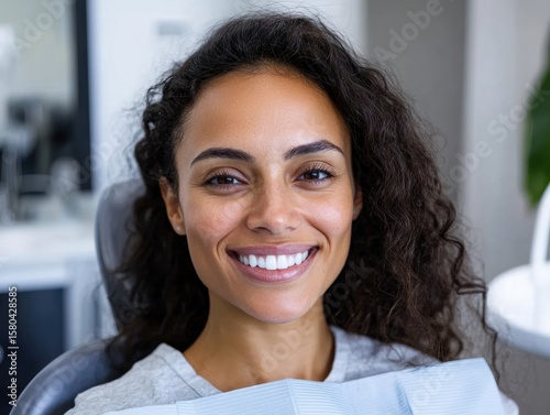 Happy mixed race woman smiling during dental checkup indoors
