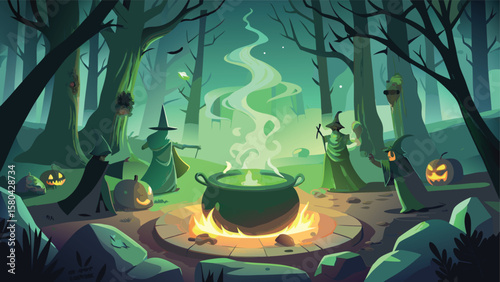 Witches brewing potion in cauldron around campfire in spooky forest with pumpkins and dark trees