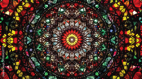 Vibrant circular stained glass pattern with symmetrical design and geometric details.