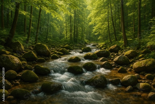 Ancient woodland with a river flowing over large rocks