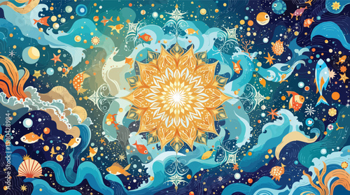 Whimsical undersea illustration featuring an ornate floral mandala and swimming colorful fish.