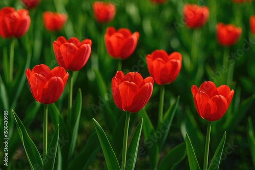 Vivid red tulips blossoming among lush green foliage