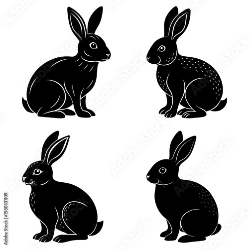 Illustration of four black bunnies in various poses against a white background in a vector format