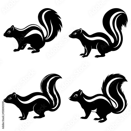 Four skunk silhouettes with bushy tails in various poses against a white background showcase nature