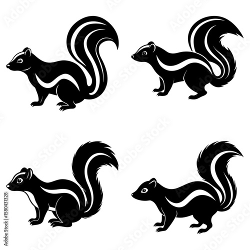 Four skunks in black and white with bushy tails and distinctive stripes arranged in a pattern design