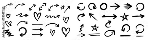 Line marker hand drawn brush arrow element set. Sketch pencil stroke vector graphic pen underline scribble icon. Hand drawn line heart, crown, star symbol highlight marker shape. Vector illustration