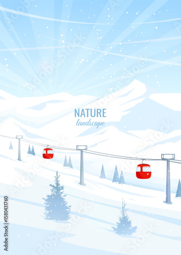 Winter mountain landscape. Snow-covered mountains and trees. Cable car with funicular, lift leading up. Concept of winter sports, skiing and snowboarding. Vector illustration. Hand drawn, not AI.