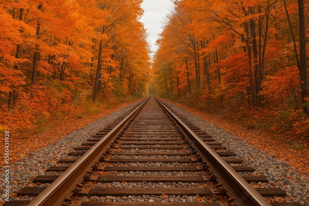 Fototapeta premium Vibrant autumnal forest encircling a railway line
