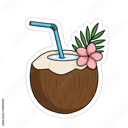 Tropical Coconut Drink with Pink Flower and Straws