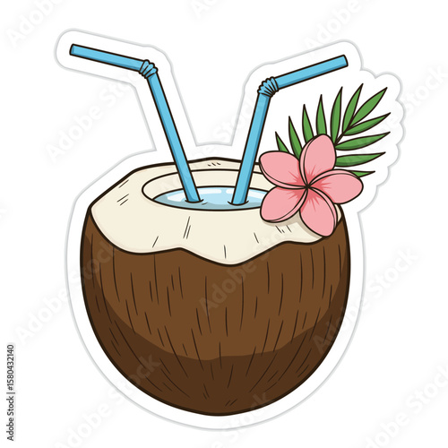 Coconut Drink with Tropical Flower and Blues Straw