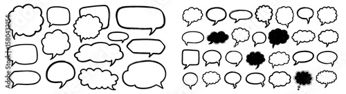 Line speech bubble text frame chat set. Hand drawn brush talk comment box frame. Comic style japan design conversation text dialog balloon, simple doodle thinking cloud. Vector illustration
