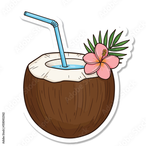 Coconut Drink with Tropical Flower and Blue Straw