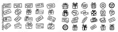 Doodle sketch icon gift, bonus ticket reward set. Hand drawn doodle sketch present, coupon, loyalty card. Pen gift box, reward bonus, coupon. Vector illustration