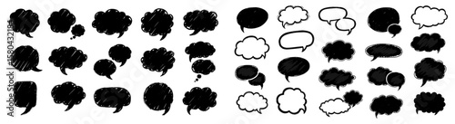 Speech bubble line cartoon frame cloud set. Hand drawn crayon doodle brush talk speech bubble frame. Comic japan style text dialog balloon, think balloon, simple doodle cloud. Vector illustration