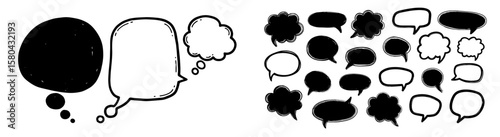 Speech bubble doodle talk frame icon set. Hand drawn speech dialog doodle balloon. Children line comic cloud, thought message element art sketch frame. Vector illustration