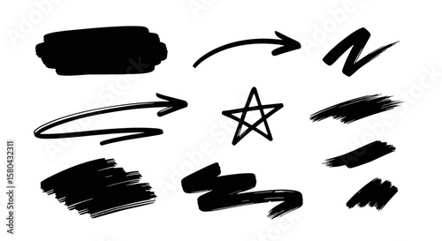 Brush line stroke arrow shape star icon set. Hand drawn scribble paint shape line sketch background. Crayon brush star burst, arrow, zigzag black white background. Vector illustration