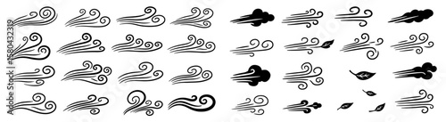 Wind hand drawn swirl doodle sketch element set. Air wave motion line, wind storm hand drawing, hand drawn gust weather effect cloud doodle icon. Vector illustration