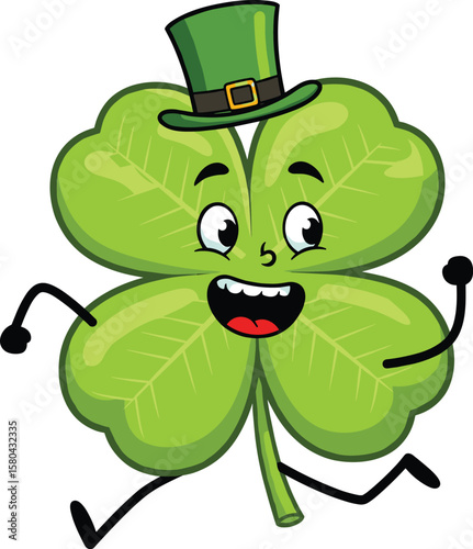 Happy cartoon four-leaf clover character wearing a green leprechaun hat, cheerfully running, isolated on white background, celebrating good luck.