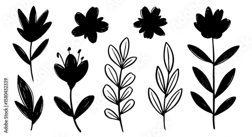 Hand drawn brush flower botanical doodle set. Sketch flower, leaf elements brush stroke ink style. Simple abstract botanical silhouette black paint art design. Vector illustration
