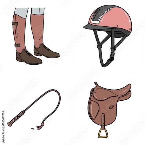 Equestrian accessories including riding gaiters, helmet, whip, and saddle  