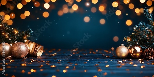 New year background with confetti ribbons and glowing bokeh