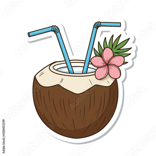 Vector Coconut Drink with Straws and Tropical Flower