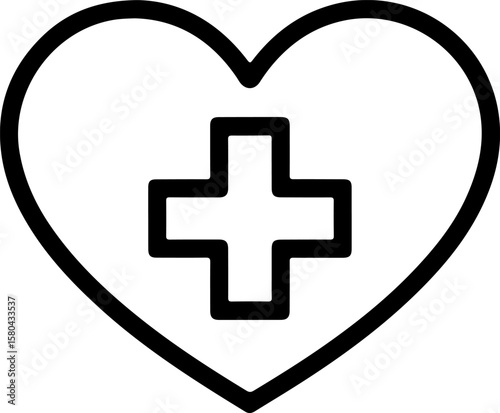 Black outline of a heart with a medical cross inside on a white background