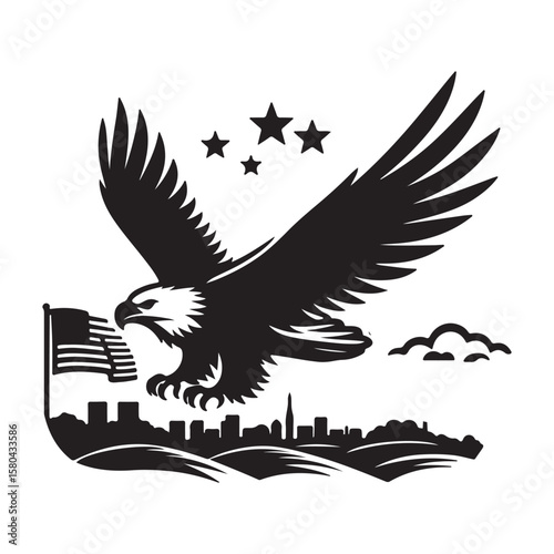 Majestic eagle soars above american flag and cityscape with stars