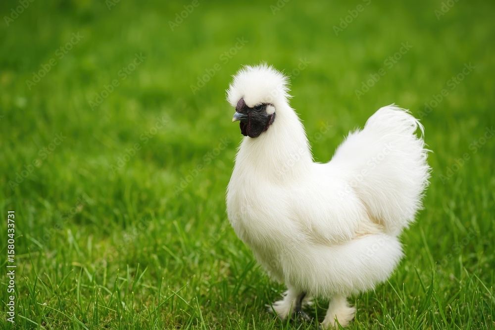 Fototapeta premium Silkie chicken roaming through a grassy field