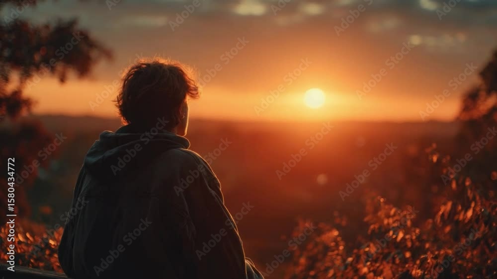 Young man sitting outdoors watching a breathtaking sunset with warm orange hues illuminating the sky and landscape during evening twilight Young man sitting outdoors watching a breathtaking sunset with warm orange hues illuminating the sky and landscape during evening twilight