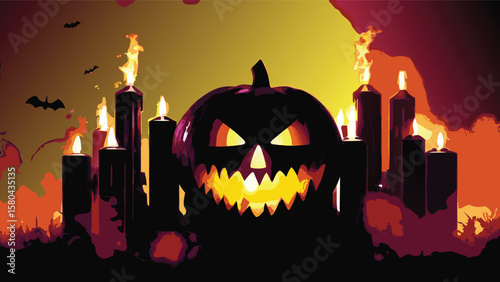 A spooky halloween scene with a pumpkin and candles casting eerie light in the night sky background