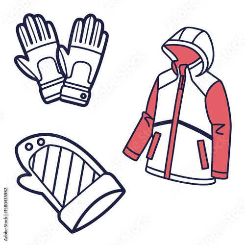 Illustration showing winter clothing including a jacket gloves and mittens on a white background design