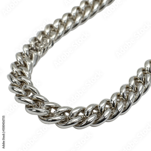 Photo of a silver chain glistens, its links tightly interwoven on a transparent background