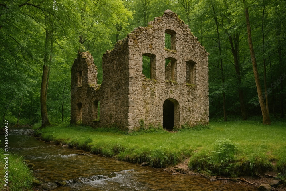 Obraz premium Ancient stone structure remnants hidden within a forest