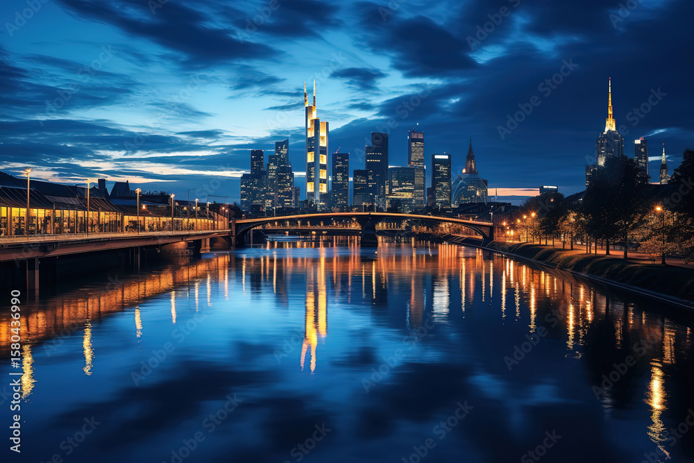Obraz premium Twilight Skyline of Frankfurt with River Reflection