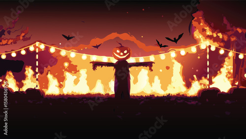A halloween scarecrow with a pumpkin head stands before a fiery backdrop under string lights at night
