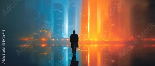 Man standing in front of a vibrant futuristic city
