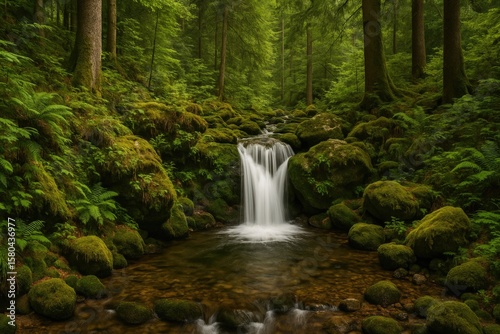 Serene rural waterfall nestled within a lush forest landscape