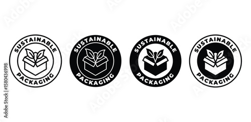 Sustainable Packaging Icon Set Black and White Circular Logos with Plant and Box Design